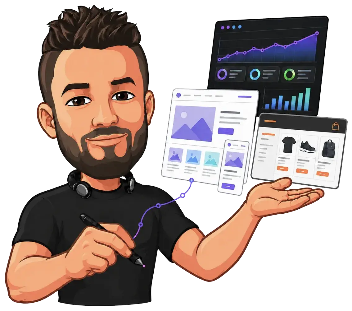 Tom Post caricature presenting website designs and analytics