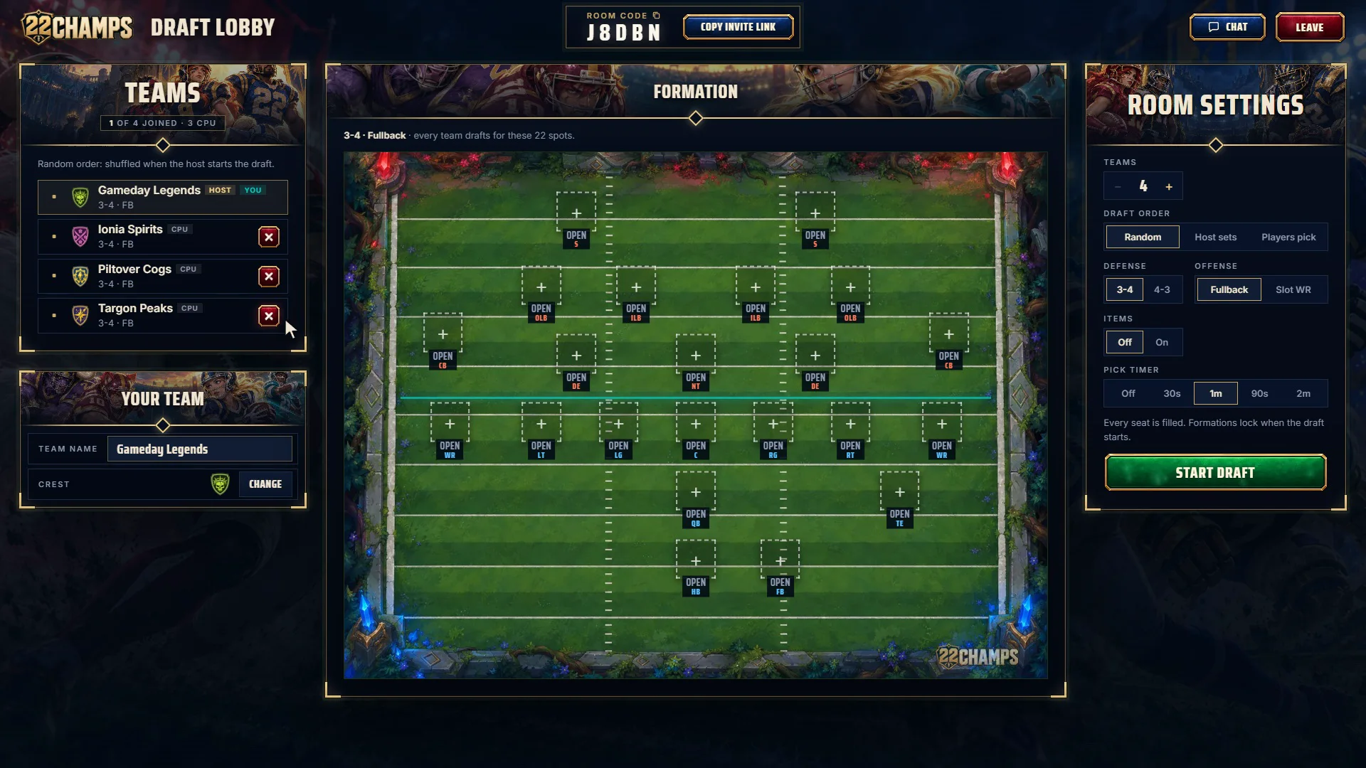 A private room's lobby: teams and seats on the left, the league formation in the middle, and the room settings on the right. The host has added three CPU teams.