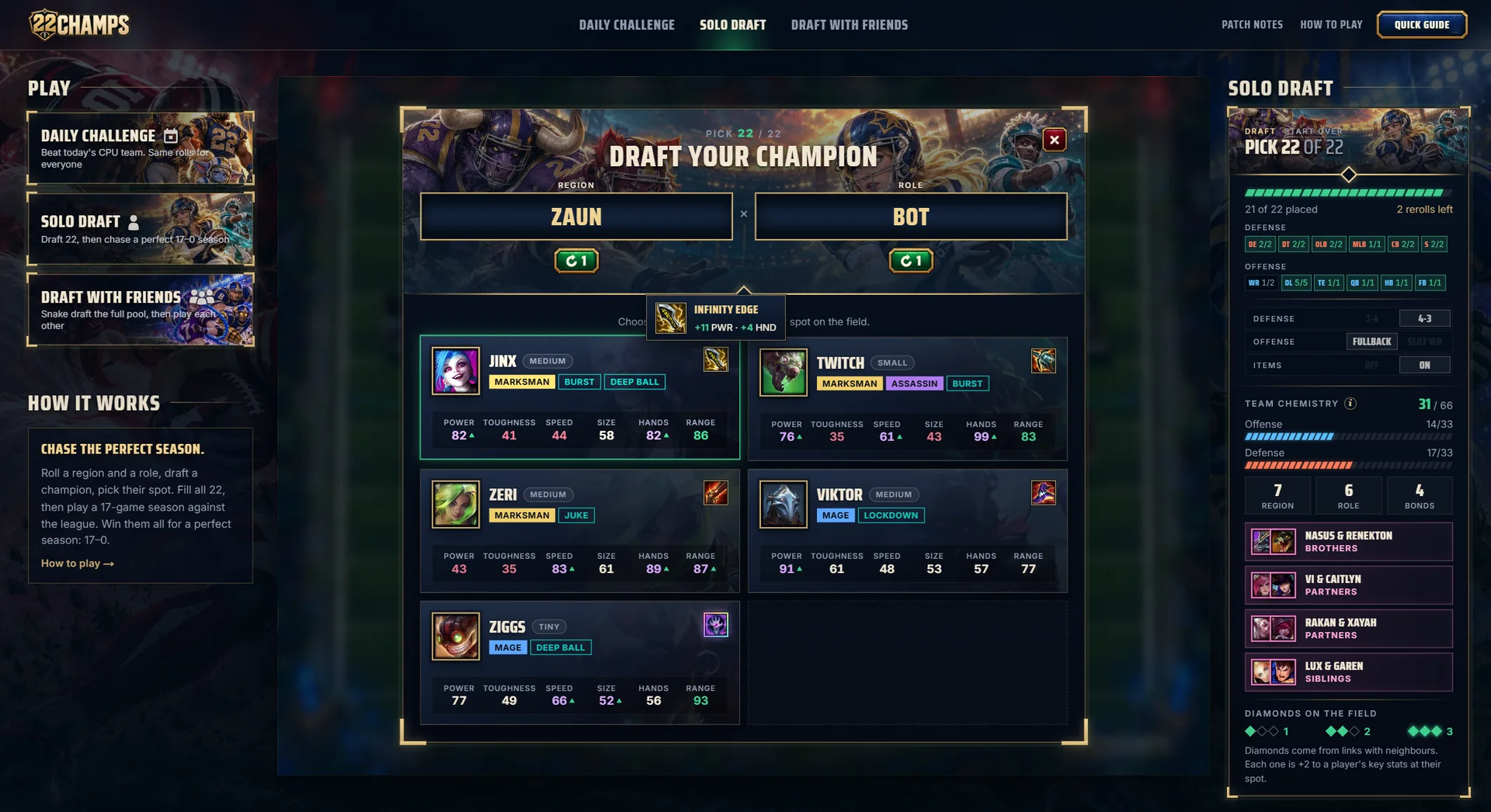 Items on: a Zaun × Bot roll where every card but one carries an item. Hovering Infinity Edge on Jinx's card shows what it adds.