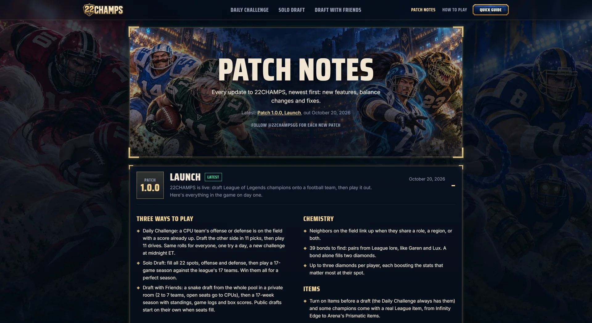 Patch Notes, opening on Patch 1.0.0: Launch.