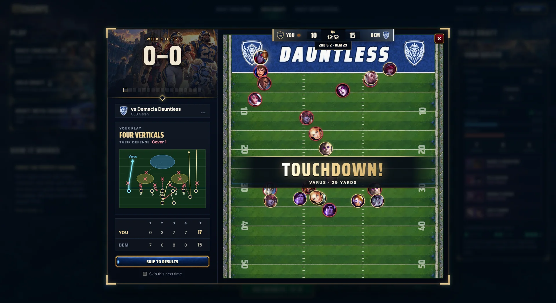 A highlight mid-play: Week 1 against the Demacia Dauntless, a Four Verticals touchdown from Lux to Varus, with the play diagram and the drive log on the left.