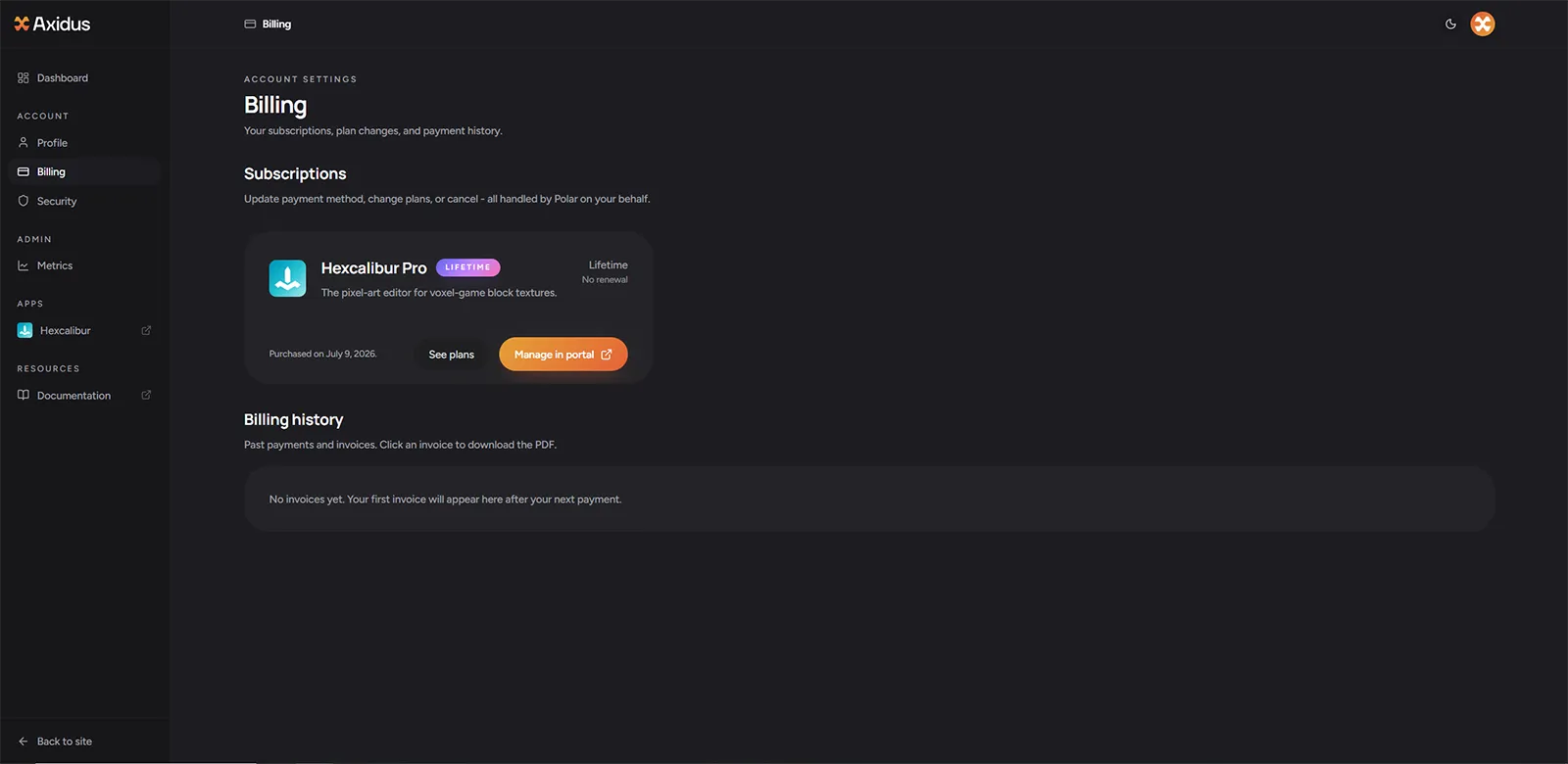 The Billing tab in the account dashboard - the active Hexcalibur Pro lifetime license, plan management handed off to the Polar customer portal, and invoice history below.