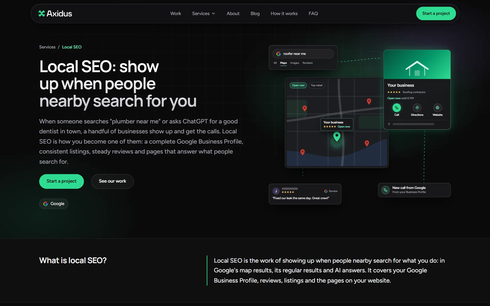 A service page: the promise, then a direct answer to "What is local SEO?" for search engines and AI assistants to quote.