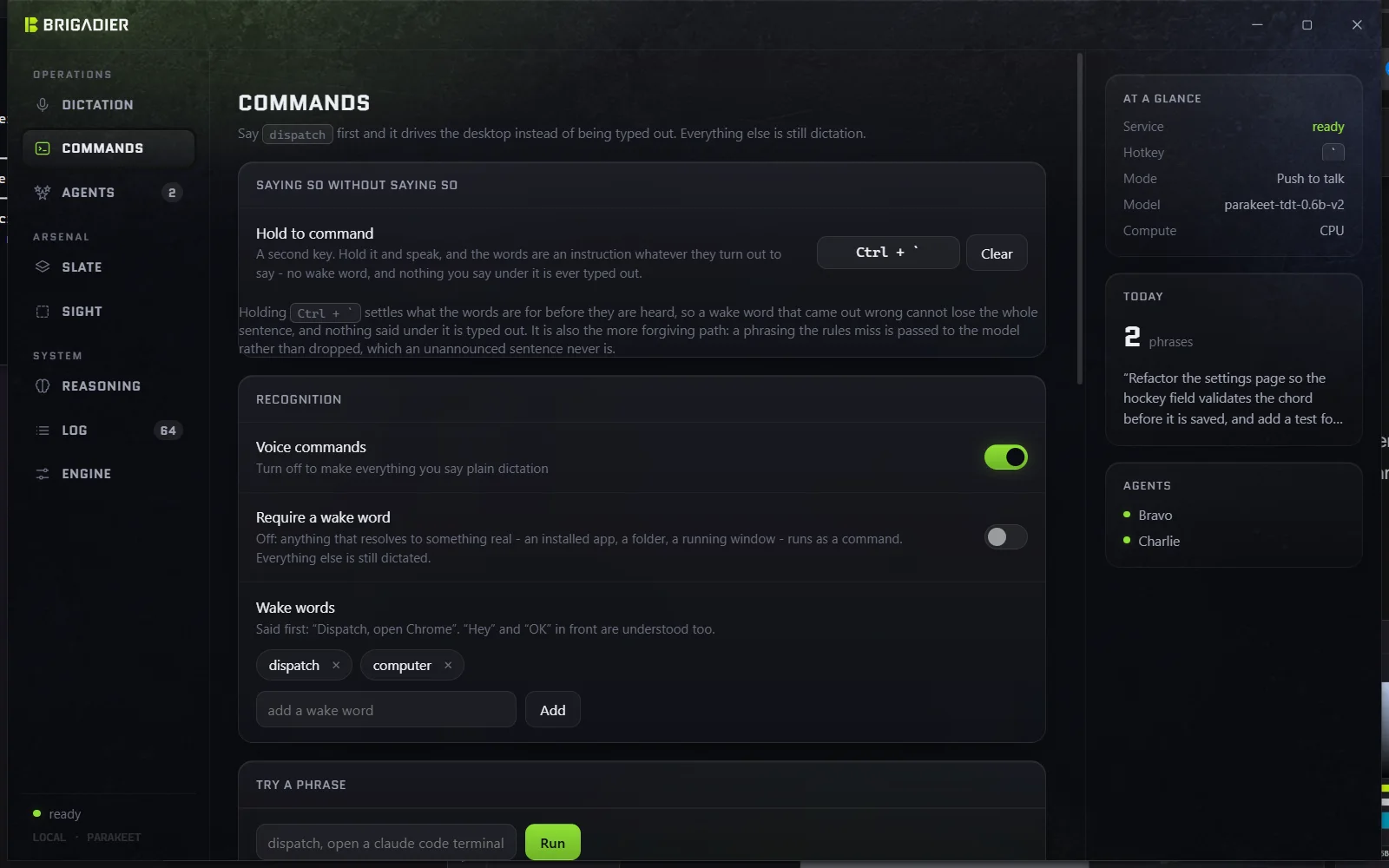 The Commands page: the commanding hotkey, wake words, and a "try a phrase" box that runs a command as though it had been spoken.
