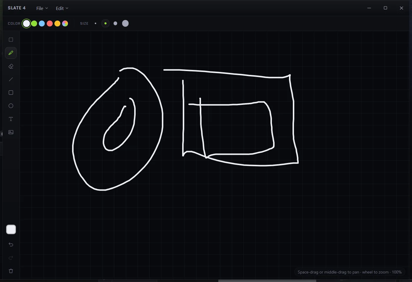 A slate: pen, shapes, text, images and a grid, on an endless surface.
