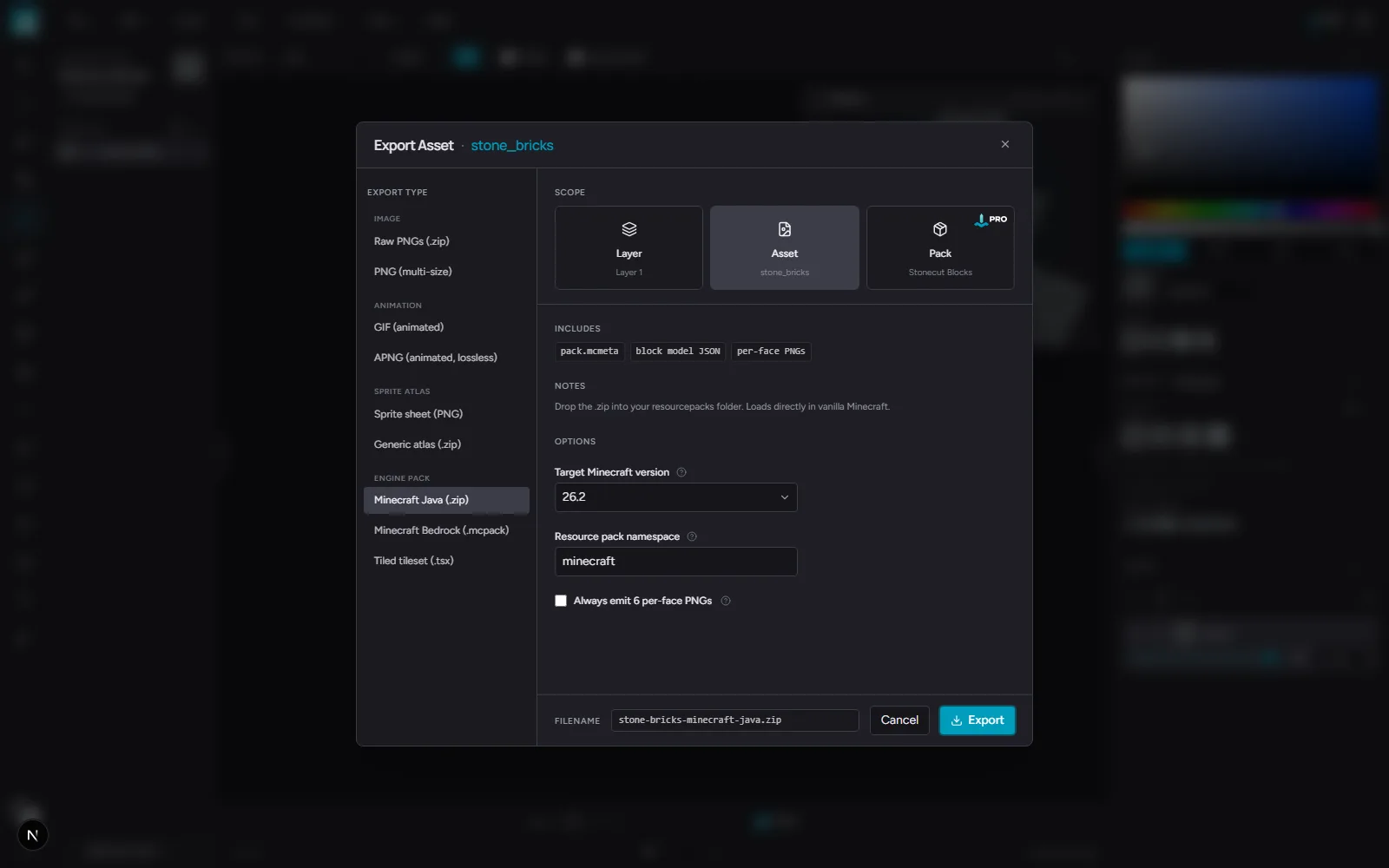 The unified export dialog: engine presets grouped by category on the left, the layer / asset / pack scope cards, and per-engine options and notes.