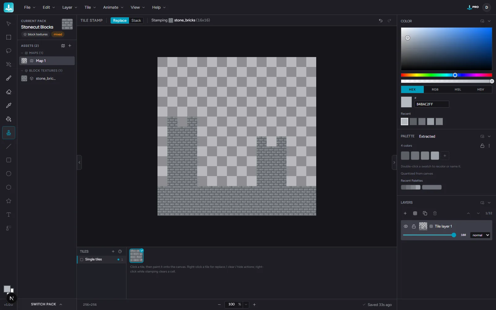 Tilemap mode with the Tile Stamp active in the tool rail - the applicable tools read as one unbroken run while everything else dims, and the tile shelf appears along the bottom.