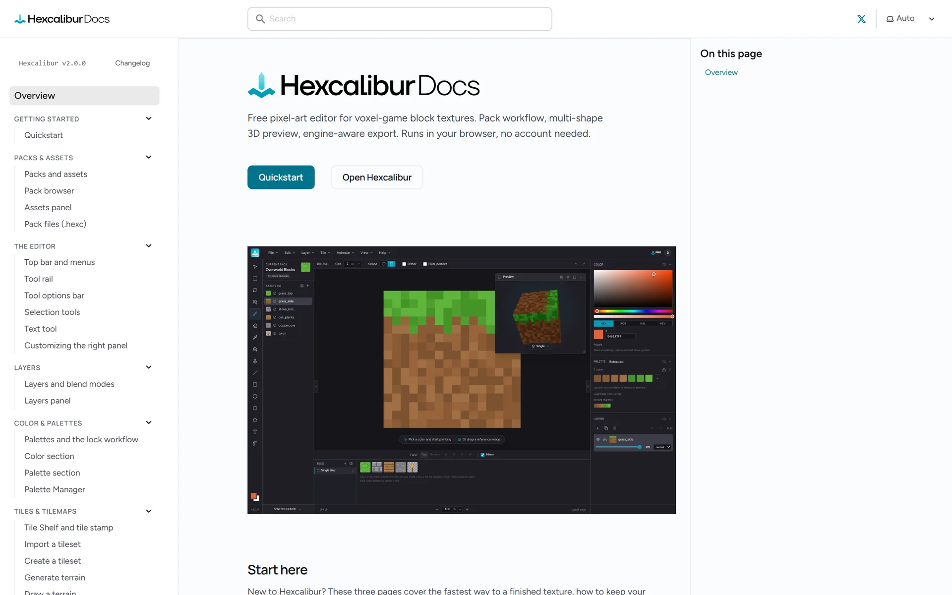 The docs site at docs.hexcalibur.io: a quickstart, then every editor surface documented with screenshots from the live editor.