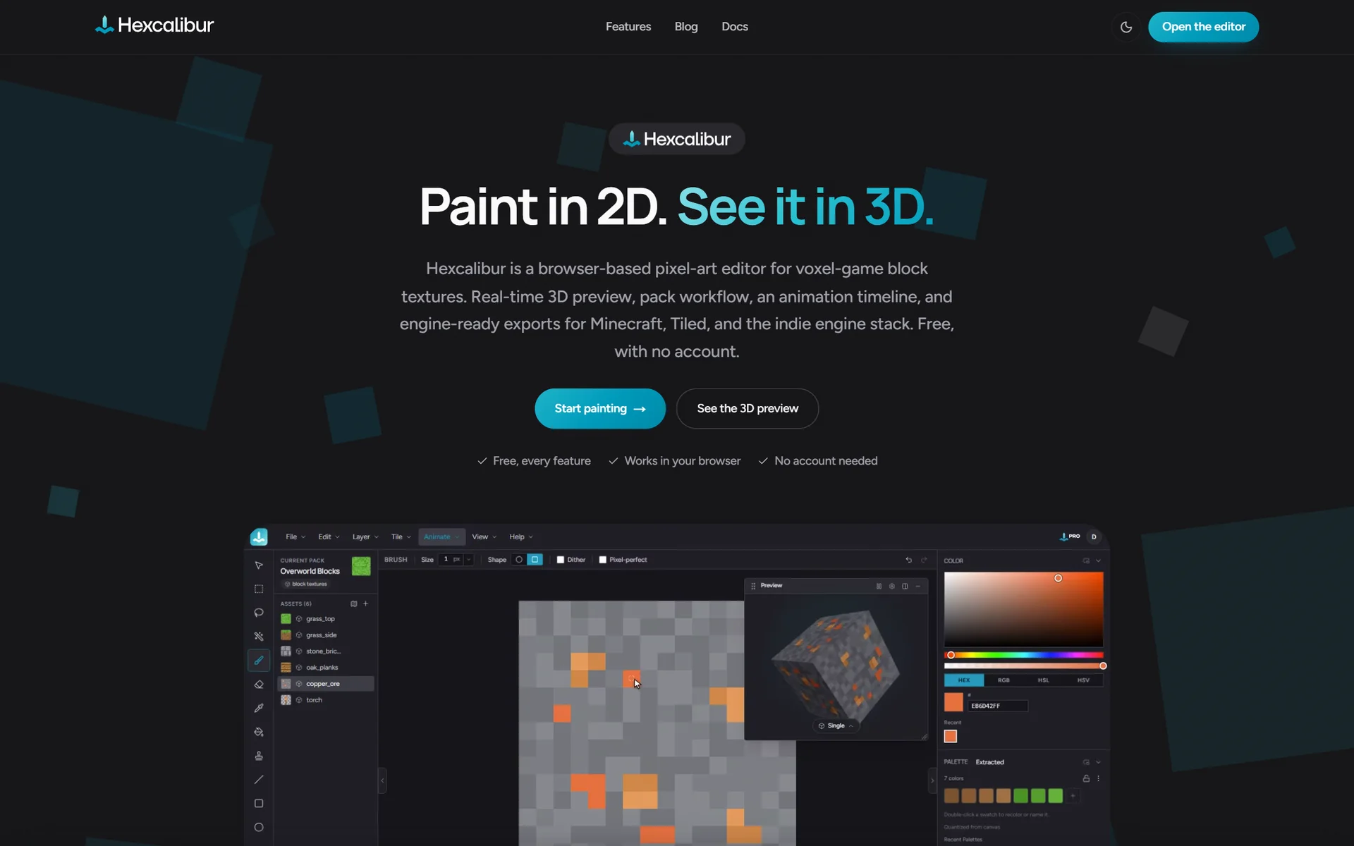 The hexcalibur.io hero: "Paint in 2D. See it in 3D." Free, works in your browser, no account needed.