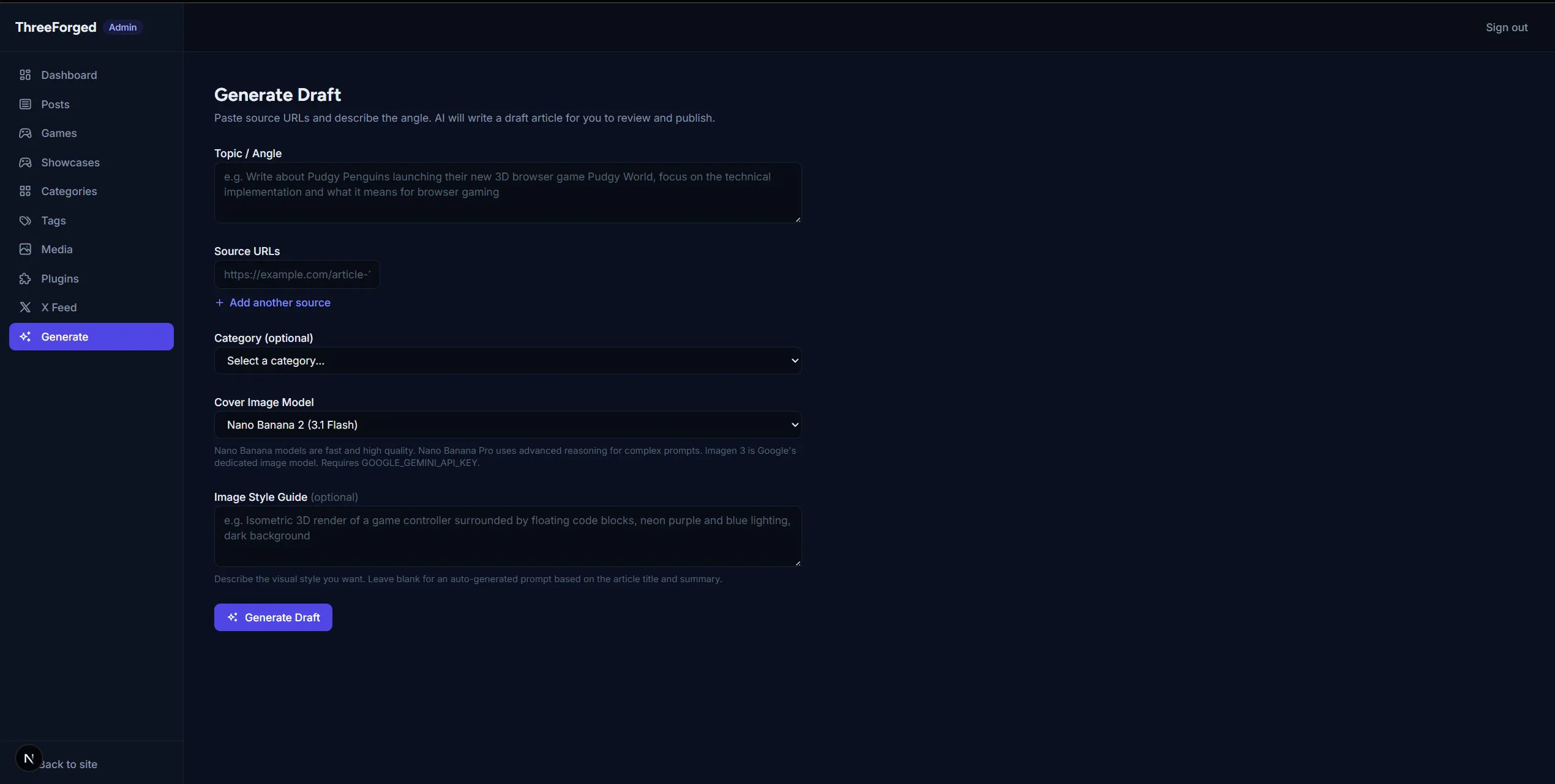 The Generate Draft page in the ThreeForged admin, where editors provide a topic angle, source URLs, category, cover image model, and optional image style guide.